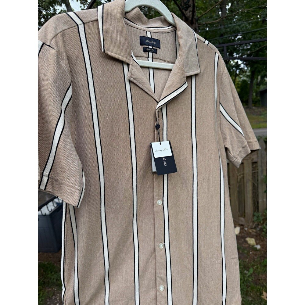 Porter & Ash Luxury Knit Men’s M Beige Striped Short Sleeve Spread Collar Shirt